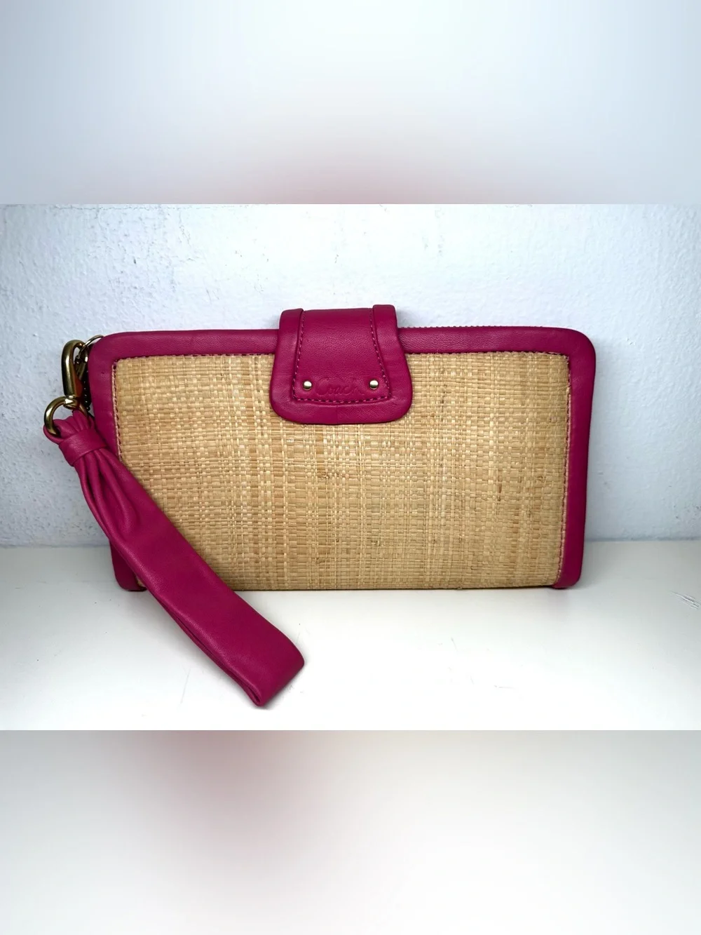 Coach Straw Clutch Wristlet with Fuchsia Trim
